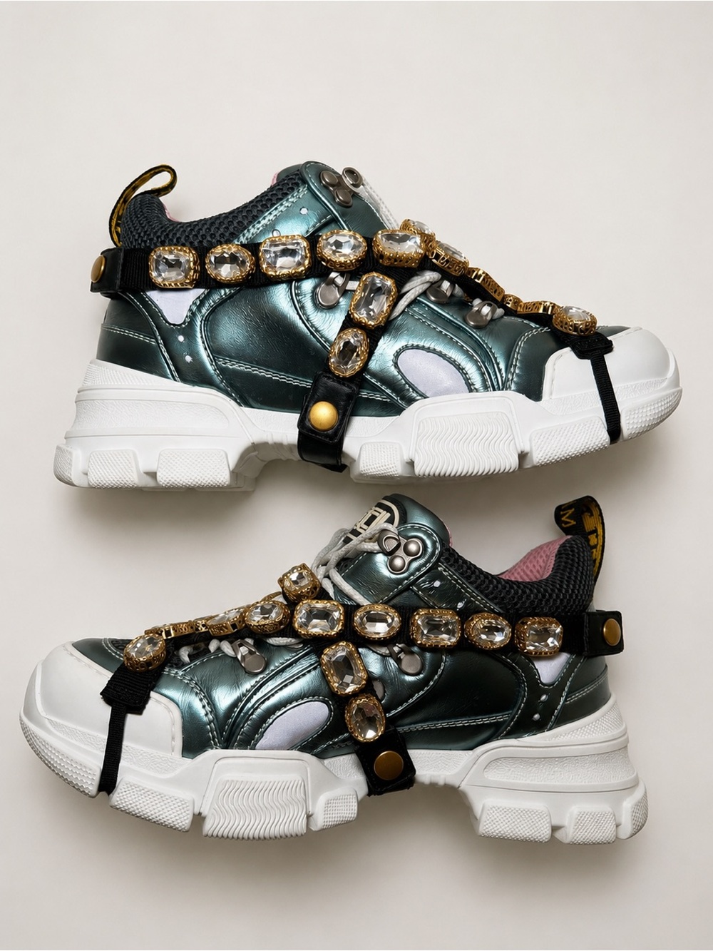 Gucci Flashtrek Green Metallic Crystal Harness Sneakers EU 38